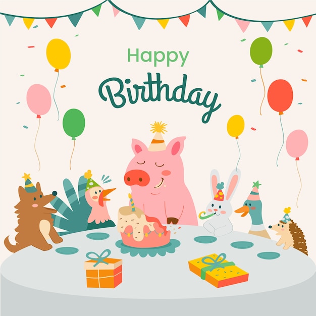 Illustration Mignonne De Joyeux Anniversaire Avec Cochon Vecteur Gratuite