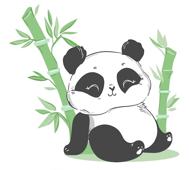 Illustration Mignonne De Panda Et De Bambou Personnage De Dessin Anime Vecteur Premium