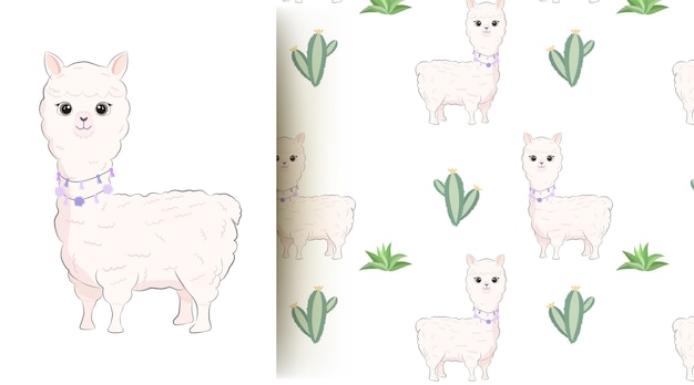 Illustration De Modele Sans Couture Mignon Bebe Animal Lama Et Cactus Vecteur Premium