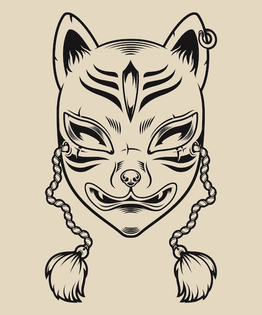 Illustration En Noir Et Blanc Du0027un Masque De Renard Japonais Sur 