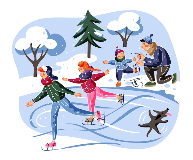 Illustration De Patinage Sur Glace Familiale Adultes Enfants Et Chiens Sur Des Personnages De Dessins Animes De Patinoire Vecteur Premium