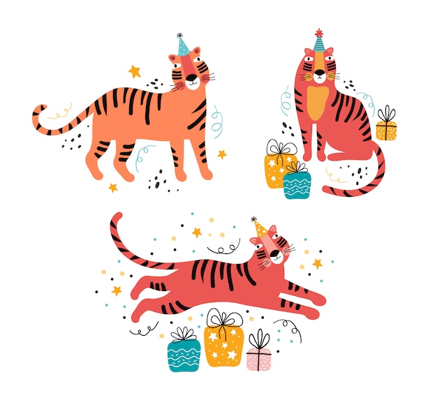 Illustration Plate De Tigre Avec Typographie De Voeux Anniversaire Vacances Nouvel An Ensemble Animal Dessine A La Main Personnage Drole De Chat Sauvage En Vacances Decoration Festive Cadeaux Confettis Serpentine Vecteur