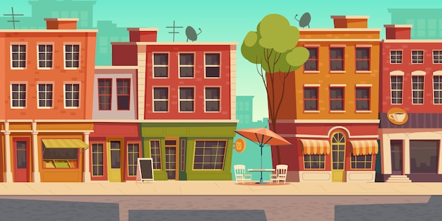 Illustration de rue urbaine avec petit magasin et restaurant Vecteur gratuit