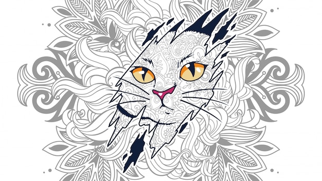 Illustration De Tete De Chat Drole En Arriere Plan Stylise Zentangle Vecteur Premium