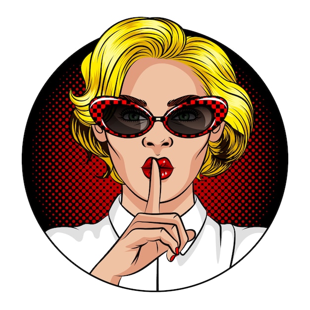 Illustration vectorielle de couleur dans le style de l'art pop comique. une femme aux cheveux blonds et aux lèvres rouges. la femme tient l'index à la bouche. la femme montre un signe de silence. femme à lunettes vintage Vecteur Premium