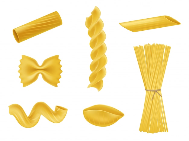 Illustration vectorielle ensemble d'icônes réalistes de macaronis secs, pâtes de diverses sortes Vecteur gratuit