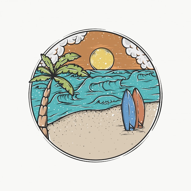 Download Illustration Vectorielle De Handdrawn Vintage Sunset Beach ...