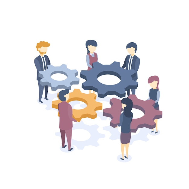 Illustration vectorielle isométrique. le concept de travail en équipe. solutions de problèmes commerciaux. formation en entreprise. style plat. Vecteur Premium