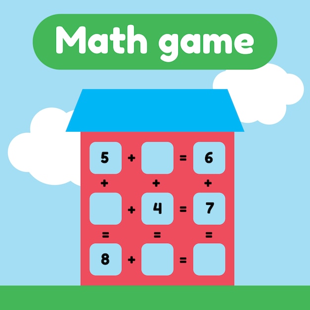 Illustration vectorielle jeu de mathématiques pour les enfants d’âge préscolaire et scolaire. comptez et insérez les bons numéros. une addition. maison avec fenêtres. Vecteur Premium