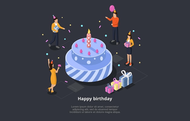 Illustration Vectorielle De Joyeux Anniversaire Concept Composition 3d Isometrique Avec Un Groupe De Personnes Celebrant Des Vacances Autour D Un Grand Gateau De Fete Vecteur Premium