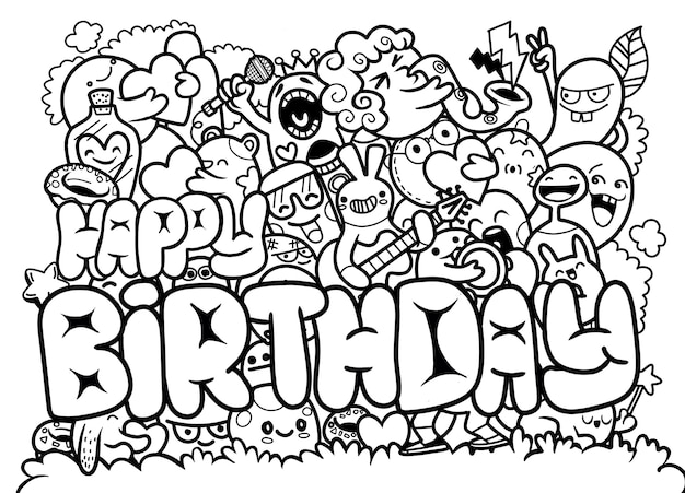 Illustration Vectorielle De Joyeux Anniversaire Avec Doodle Monstre Mignon Main Dessin Doodle Vecteur Premium