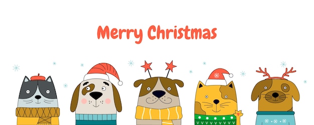 Illustration Vectorielle Joyeux Noel Avec Des Chats Et Des Chiens Banniere De Noel Pour Le Site Web De L Animalerie Vecteur Premium