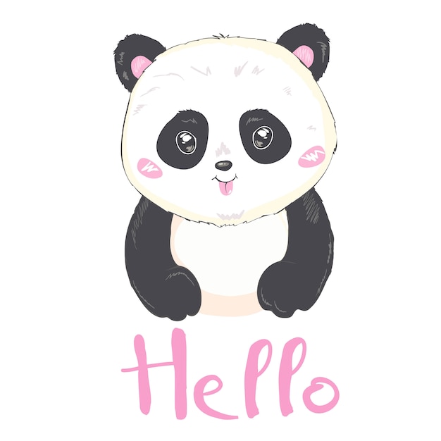 Illustration Vectorielle Un Panda Geant De Dessin Anime Mignon Sourit Et Dit Bonjour Vecteur Premium