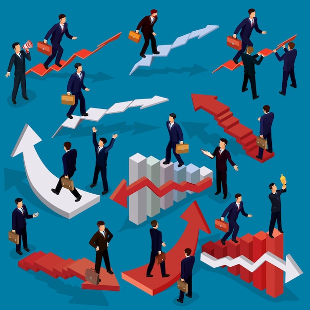 Illustration vectorielle de personnes isométriques plates en 3d. concept de croissance de l'entreprise, échelle de carrière, chemin vers la réussite. Vecteur gratuit