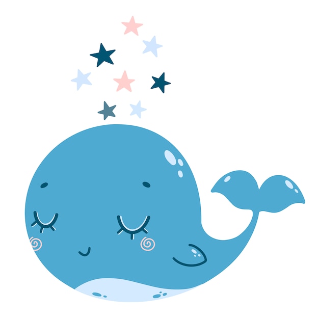 Illustration Vectorielle Plane De Baleine Bleue Et Rose De Dessin Anime Mignon Avec Des Etoiles Illustration En Couleur D Une Baleine Dans Un Style Doodle Vecteur Premium