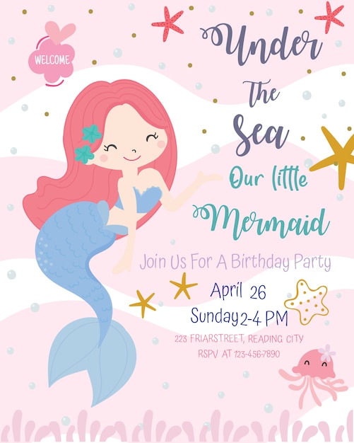 Illustration Vectorielle De Sirene Mignonne Theme Anniversaire Fete Invitation Carte Vecteur Premium