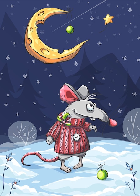 Illustration Vectorielle D Une Souris Drole Dans La Neige Sous La Lune Vecteur Premium