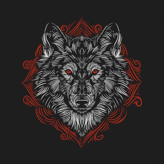 Illustration Vintage Tete De Loup Contre Le Style De Gravure D Un Ornement Rouge Vecteur Premium