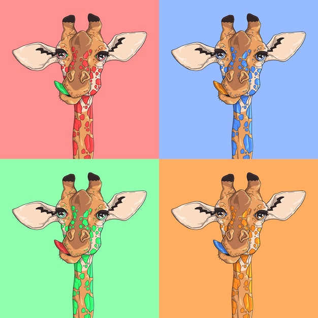 Illustrations De Dessin Vectoriel Portrait De Girafe Drole Multicolore Vecteur Premium