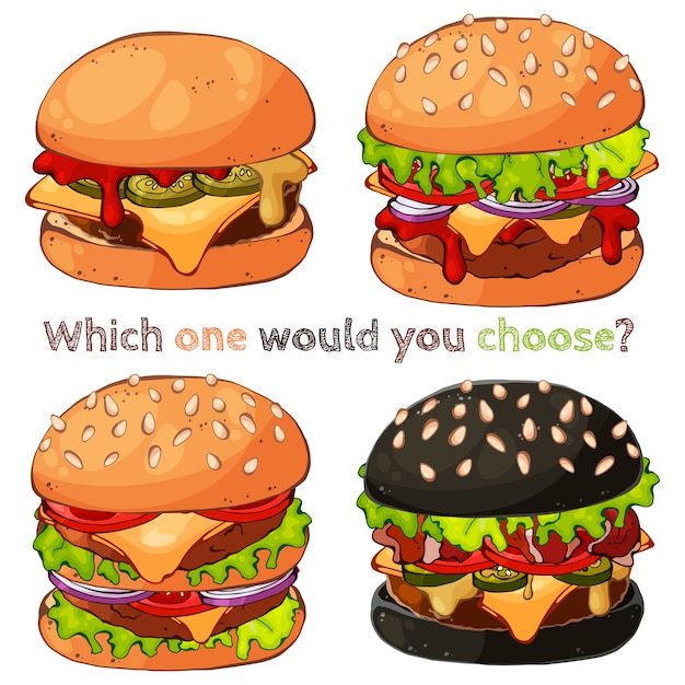 Illustrations vectorielles sur le thème de la restauration rapide: ensemble de différents types de hamburgers. Vecteur Premium