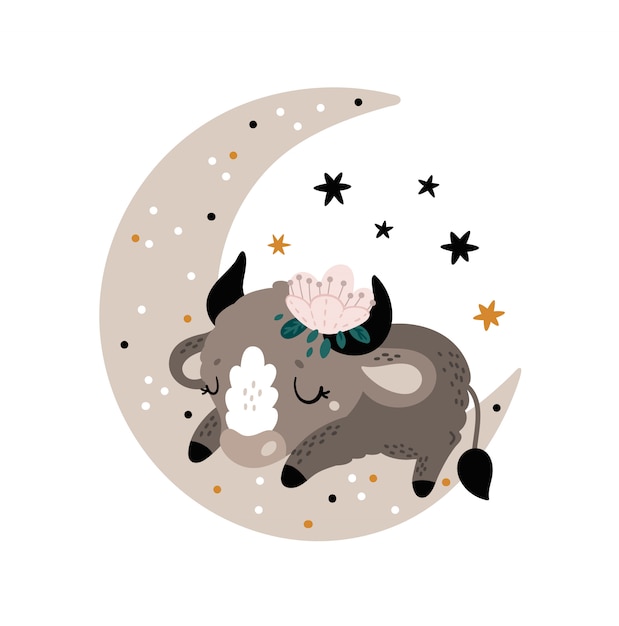 Imprime Enfantin Mignon Avec Petit Taureau Vache Taureau Bebe Animal Veau Sur La Lune Vecteur Premium