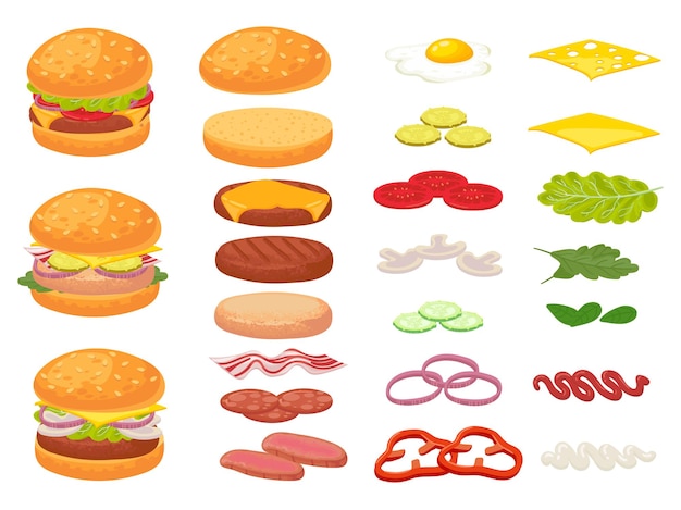 Ingredients De Burger De Dessin Anime Hamburger Chop Bun Et Tomate Vecteur Premium