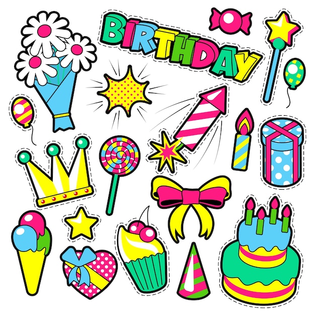 Insignes De Mode Patchs Theme D Anniversaire Autocollants Elements De Fete De Joyeux Anniversaire Dans Un Style Comique Avec Gateau Ballons Et Cadeaux Illustration Vecteur Premium