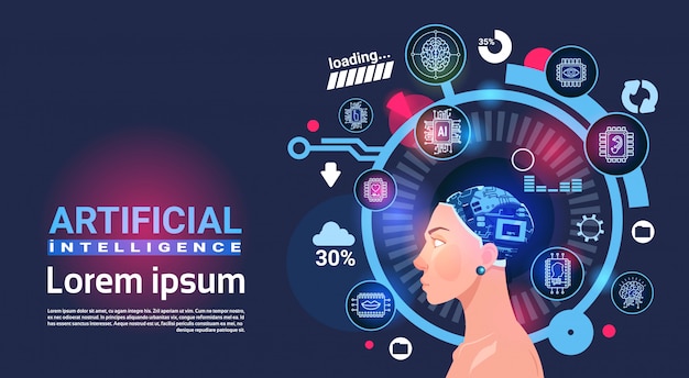 Intelligence artificielle tête femelle cyber brain technologie moderne robots bannière avec espace de copie Vecteur Premium
