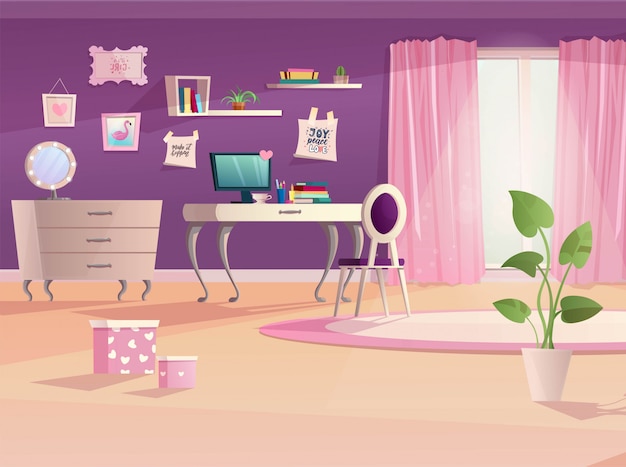 Interieur De Chambre De Fille Dans Des Couleurs Roses Et Violettes Adolescent De Dessin Anime De