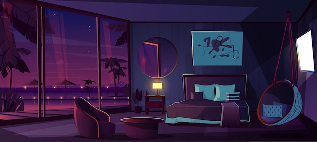 Intérieur De Dessin Animé De Vecteur De Chambre D'hôtel La Nuit