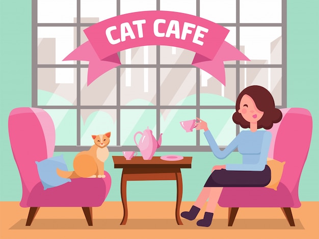 Intérieur Du Café Avec Une Grande Fenêtre Femme Et Chat