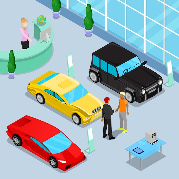Intérieur du showroom des ventes de voitures avec voitures tout terrain et voitures de sport. client achetant une nouvelle voiture. Vecteur Premium