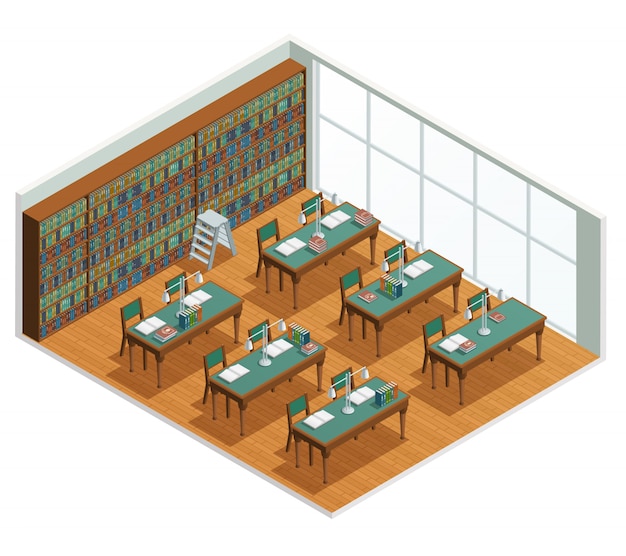 Intérieur isométrique pour librairie et salle de lecture avec bibliothèques et tables à livre ouvert Vecteur gratuit