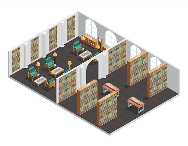 Intérieur isométrique pour les librairies vides et les salles de bibliothèque avec étagères et fauteuils vector illus Vecteur gratuit
