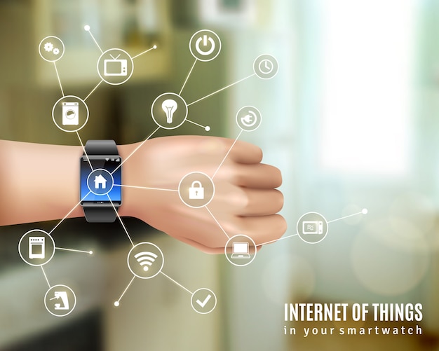 Internet des objets dans le gadget de montre multimédia poignet intelligent à portée de main Vecteur gratuit