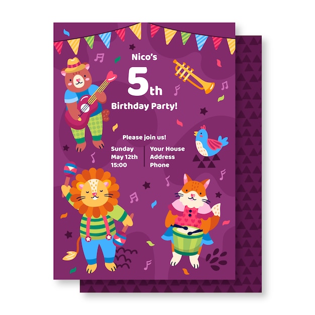 Invitation D Anniversaire Avec Des Animaux De Dessin Anime Vecteur Gratuite