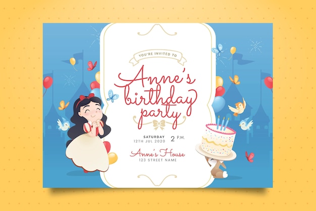 Invitation D Anniversaire Blanche Neige Dessinee A La Main Vecteur Premium