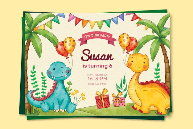 Invitation D Anniversaire De Dinosaure Aquarelle Peinte A La Main Vecteur Gratuite