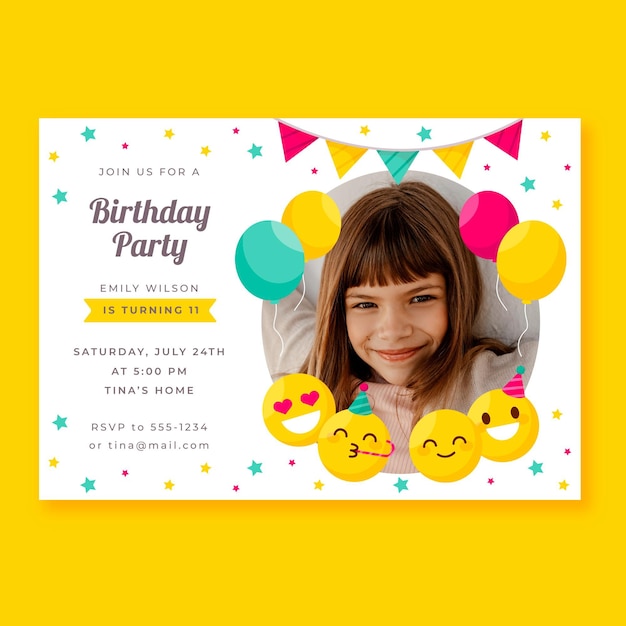 Invitation D Anniversaire Emoji Plat Avec Photo Vecteur Gratuite