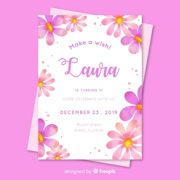 Invitation D Anniversaire Floral Pour Modele Fille Vecteur Gratuite