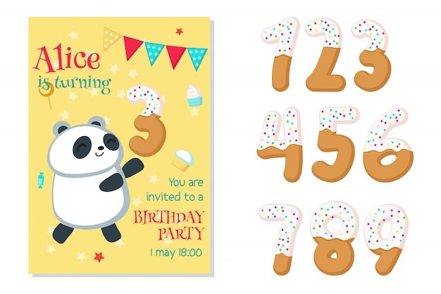 Invitation D Anniversaire Avec Panda Et Chiffres Vecteur Premium