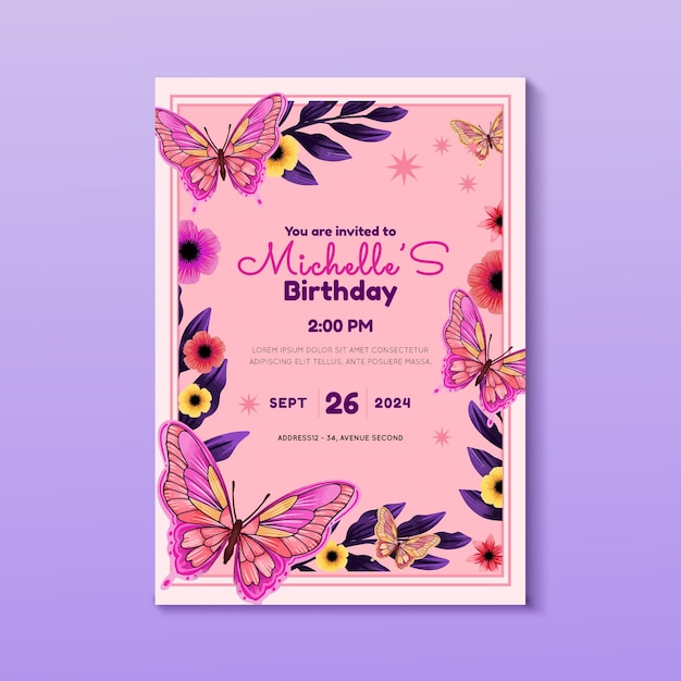 Invitation D Anniversaire De Papillon Aquarelle Peinte A La Main Vecteur Gratuite