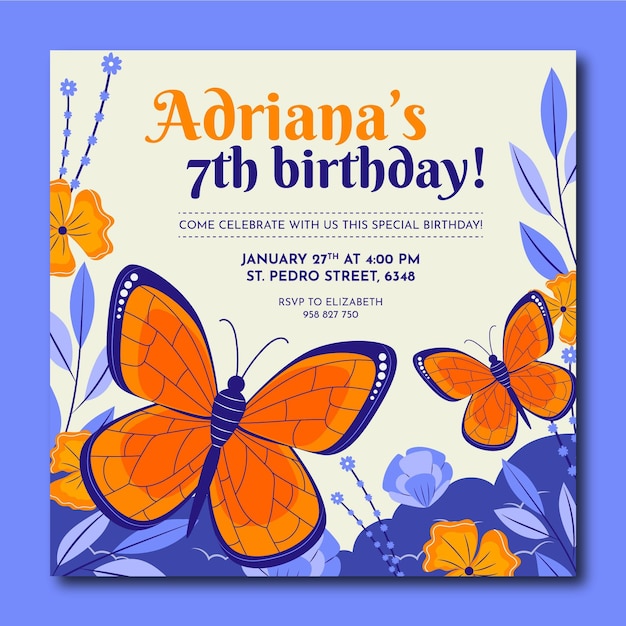 Invitation D Anniversaire Papillon Plat Vecteur Premium