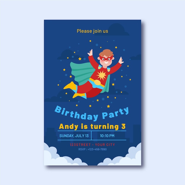 Invitation D Anniversaire De Super Heros Plat Organique Avec Super Heros Volant Vecteur Gratuite