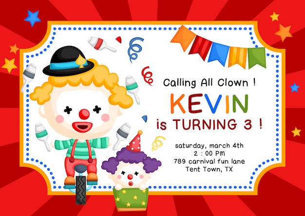 Invitation D Anniversaire De Theme De Clown Mignon Vecteur Premium