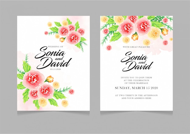 Invitation de carte de mariage heureux fleurs jaunes rouges feuilles vertes Vecteur Premium