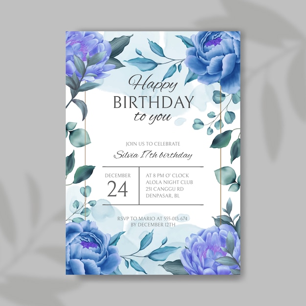 Invitation De Joyeux Anniversaire Avec Fond Bleu De Fleur Et Feuille Vecteur Premium