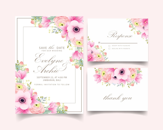 Invitation de mariage ranunculus magnolia anémone fleurs Vecteur Premium