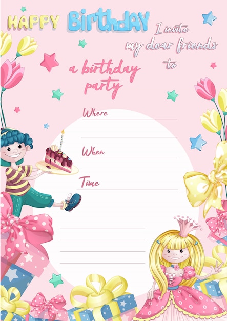 Invitation De Modele A La Fete De Joyeux Anniversaire D Un Enfant Pour Les Petites Princesses Vecteur Premium