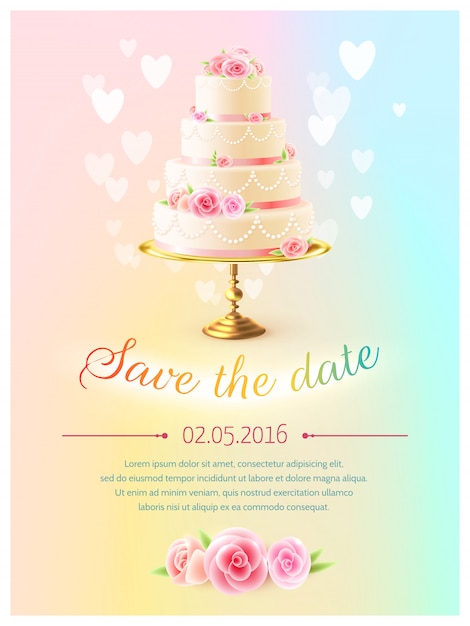 Invitation réaliste de gâteau de carte de mariage Vecteur gratuit